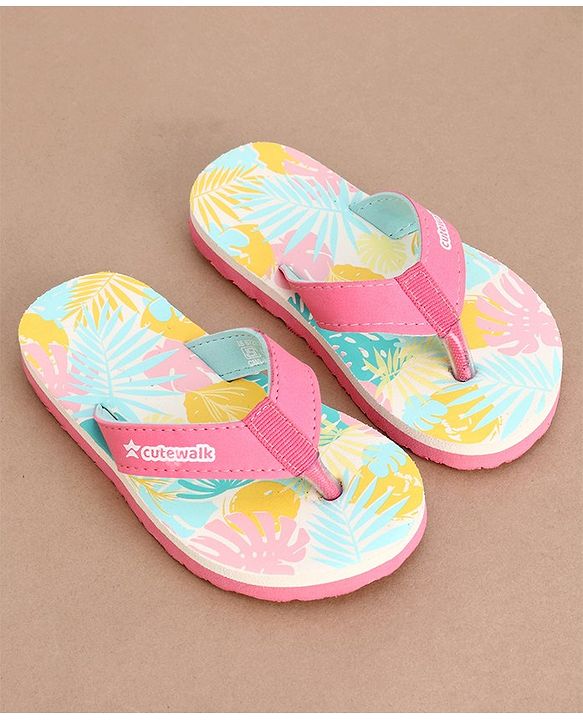 Cute Walk by Babyhug Slip On Flip Flops with Leafy Print- Pink