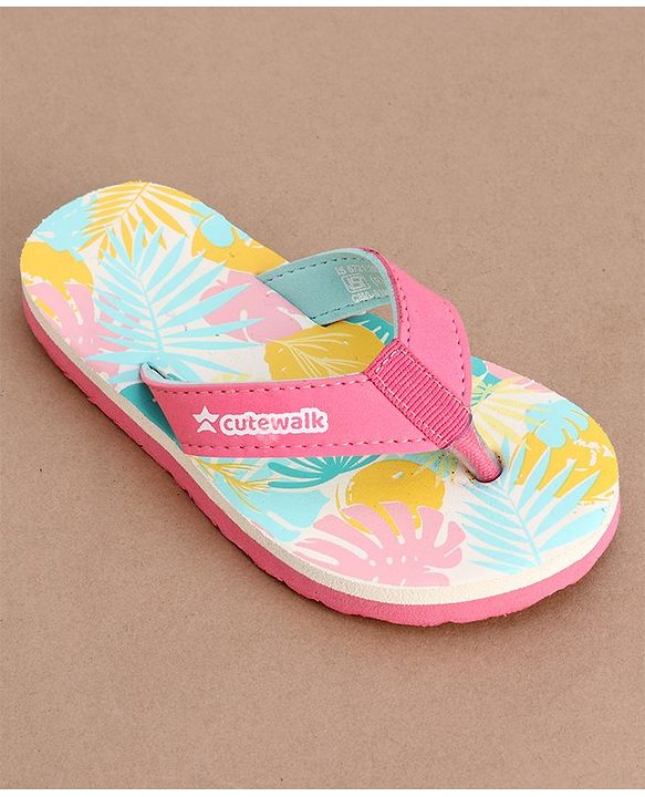 Cute Walk by Babyhug Slip On Flip Flops with Leafy Print- Pink