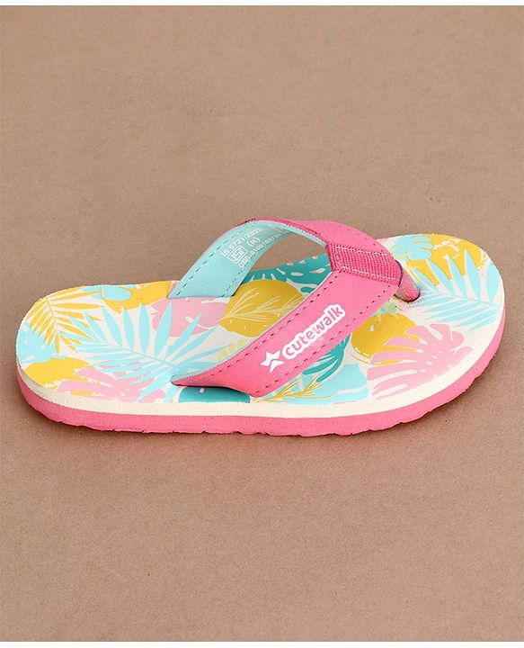 Cute Walk by Babyhug Slip On Flip Flops with Leafy Print- Pink