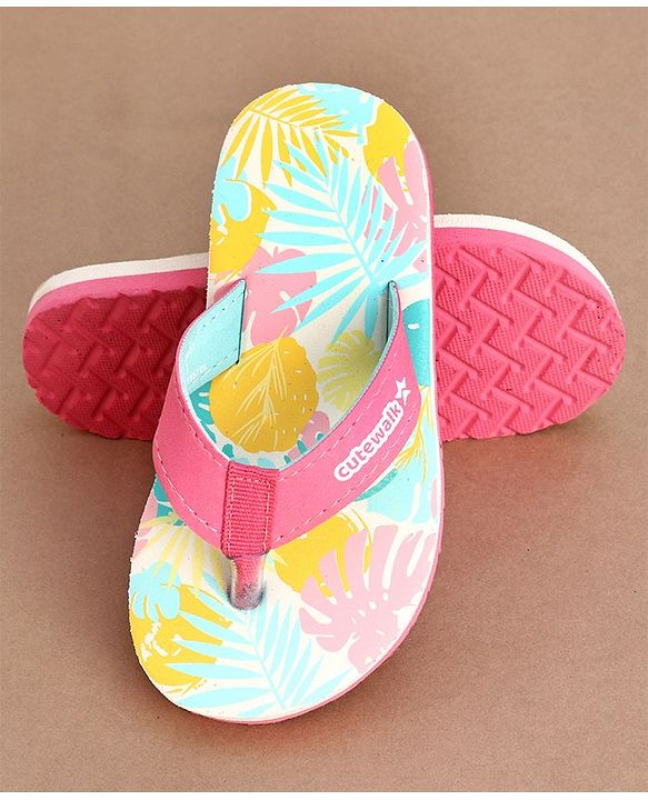 Cute Walk by Babyhug Slip On Flip Flops with Leafy Print- Pink