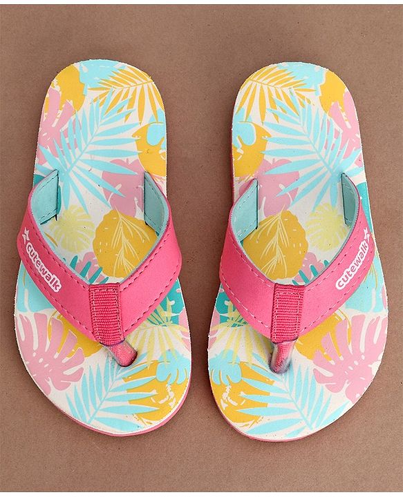 Cute Walk by Babyhug Slip On Flip Flops with Leafy Print- Pink