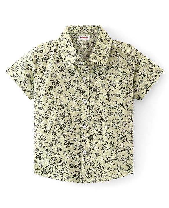 Babyhug Cotton Woven Half Sleeves Regular Collar Shirt Leaf Print - Green