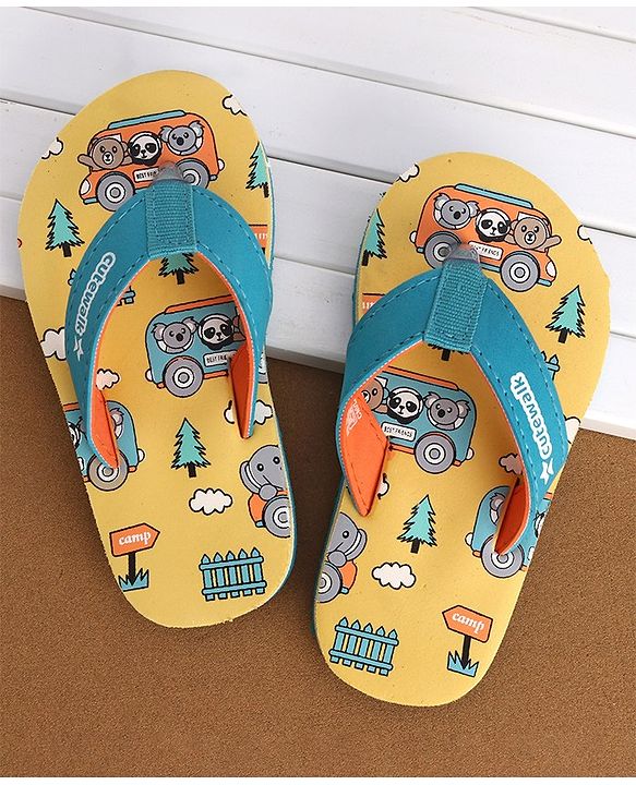 Cute Walk by Babyhug Slip On Flip Flops with Panda Print- Yellow & Sea Green