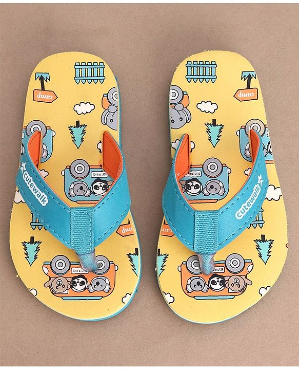 Cute Walk by Babyhug Slip On Flip Flops with Panda Print- Yellow & Sea Green