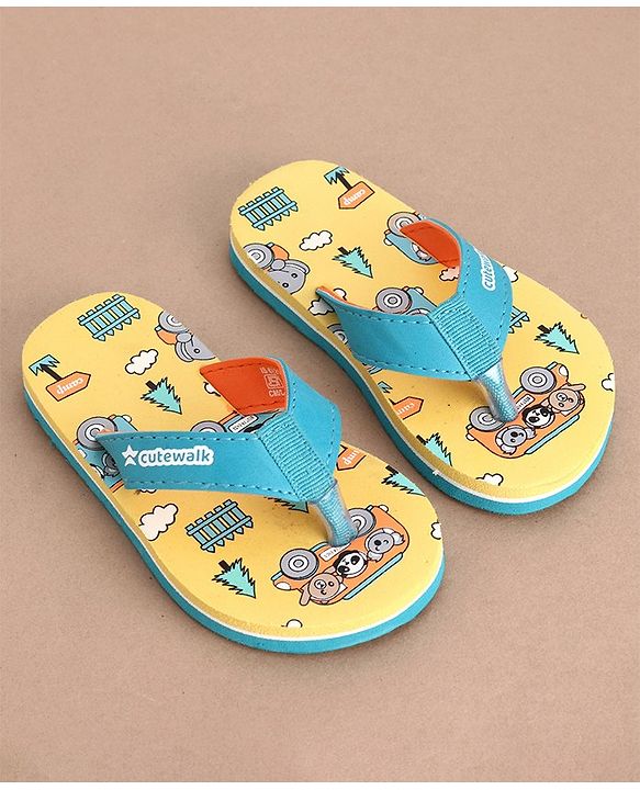 Cute Walk by Babyhug Slip On Flip Flops with Panda Print- Yellow & Sea Green