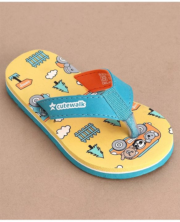 Cute Walk by Babyhug Slip On Flip Flops with Panda Print- Yellow & Sea Green