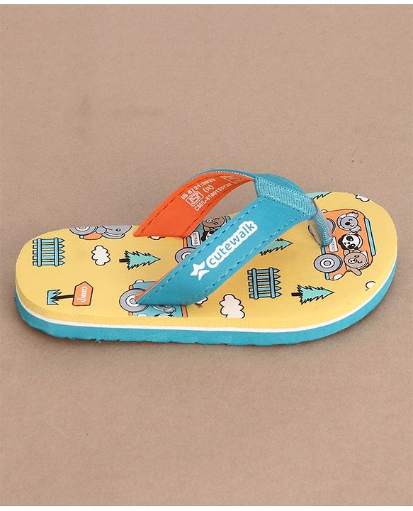 Cute Walk by Babyhug Slip On Flip Flops with Panda Print- Yellow & Sea Green