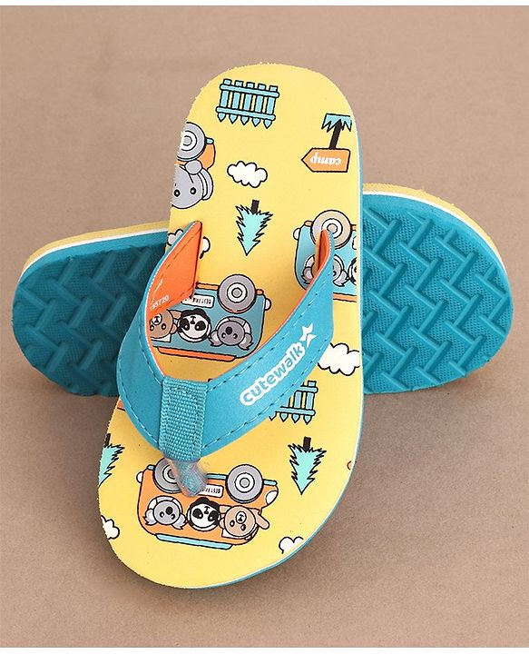 Cute Walk by Babyhug Slip On Flip Flops with Panda Print- Yellow & Sea Green