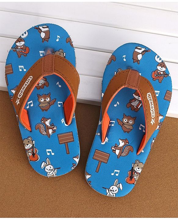 Cute Walk by Babyhug Slip On Flip Flops with Owl Print- Blue & Brown