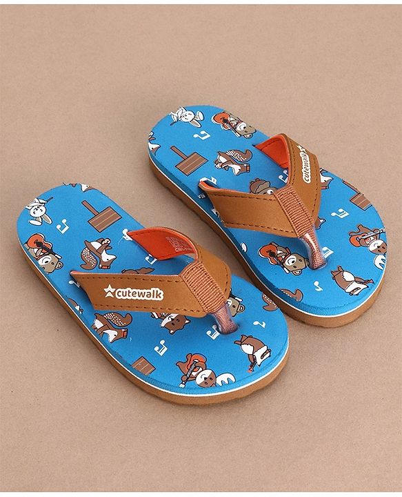 Cute Walk by Babyhug Slip On Flip Flops with Owl Print- Blue & Brown