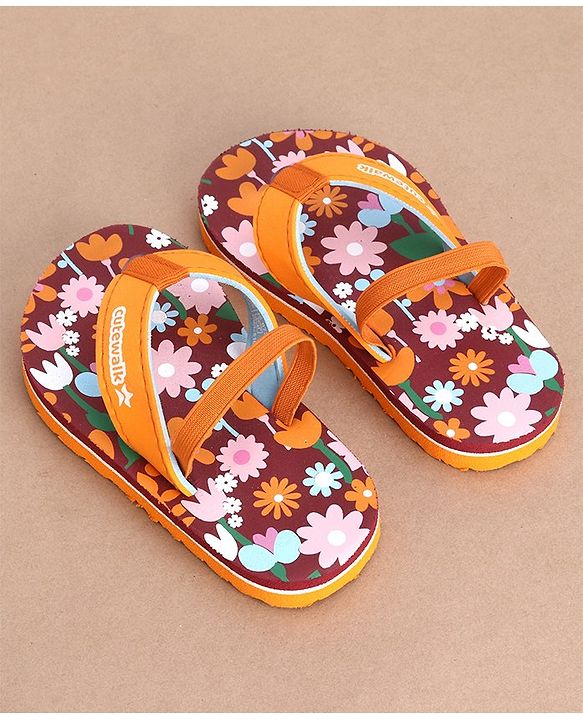 Cute Walk by Babyhug Flip Flops Backstrap Closure Floral Print- Maroon & Orange