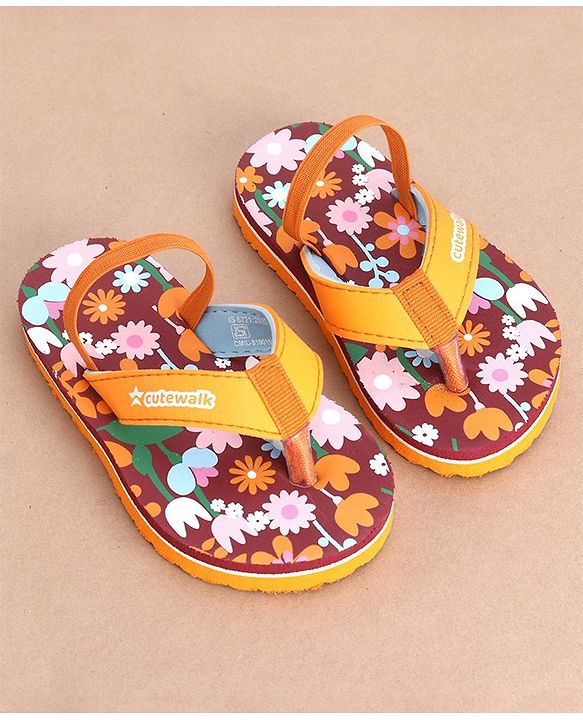 Cute Walk by Babyhug Flip Flops Backstrap Closure Floral Print- Maroon & Orange