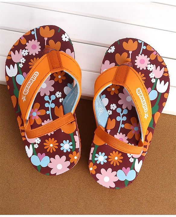 Cute Walk by Babyhug Flip Flops Backstrap Closure Floral Print- Maroon & Orange