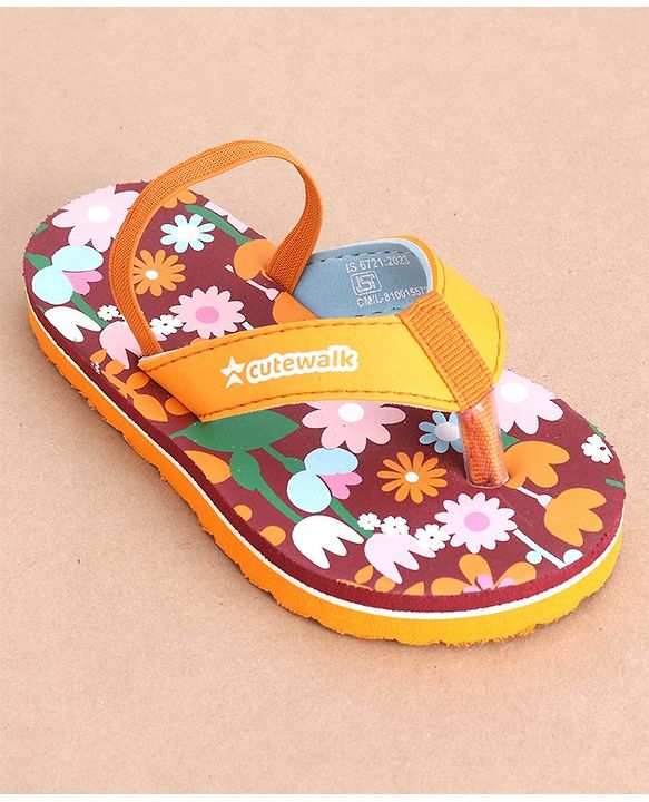 Cute Walk by Babyhug Flip Flops Backstrap Closure Floral Print- Maroon & Orange
