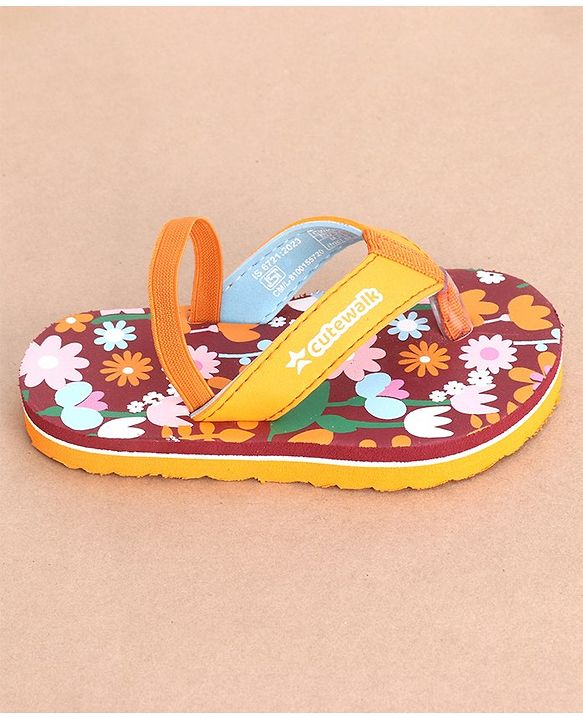 Cute Walk by Babyhug Flip Flops Backstrap Closure Floral Print- Maroon & Orange