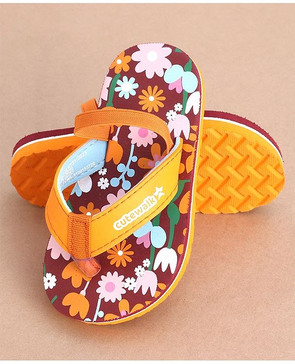 Cute Walk by Babyhug Flip Flops Backstrap Closure Floral Print- Maroon & Orange