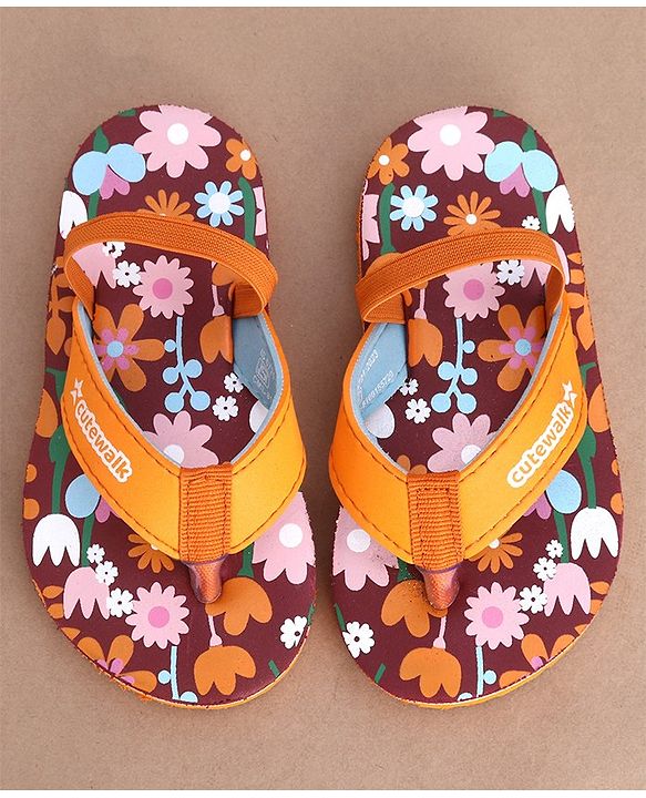 Cute Walk by Babyhug Flip Flops Backstrap Closure Floral Print- Maroon & Orange