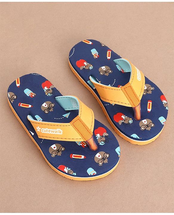 Cute Walk by Babyhug Slip On Flip Flops Teddy Print  -Blue & Brown