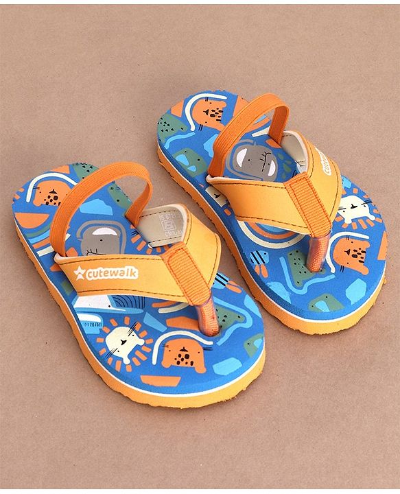 Cute Walk by Babyhug Flip Flops Backstrap Closure Animal Print-  Blue & Orange