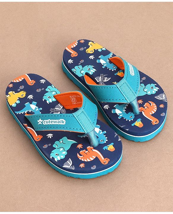 Cute Walk by Babyhug Slip On Flip Flops Dino Print-  Blue & Sea Green