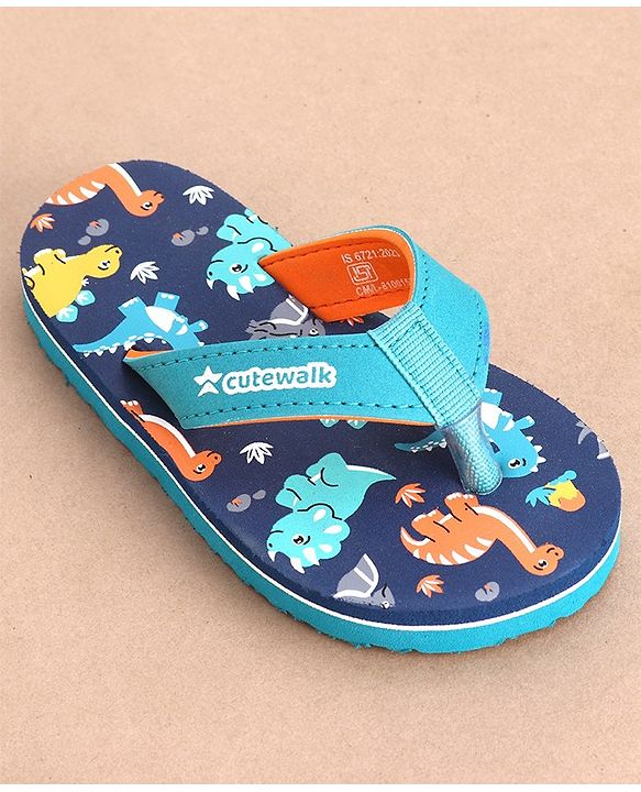 Cute Walk by Babyhug Slip On Flip Flops Dino Print-  Blue & Sea Green