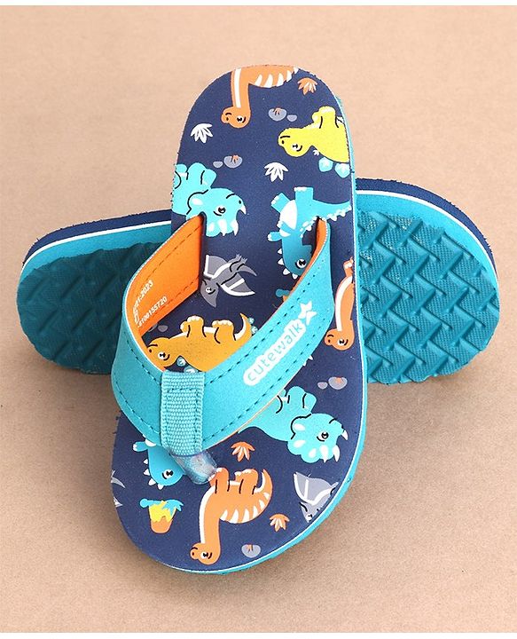 Cute Walk by Babyhug Slip On Flip Flops Dino Print-  Blue & Sea Green