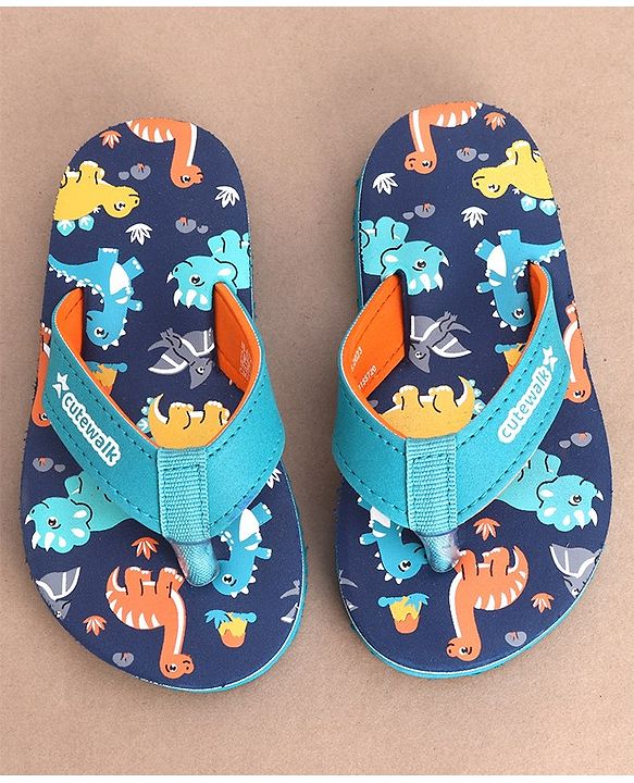 Cute Walk by Babyhug Slip On Flip Flops Dino Print-  Blue & Sea Green
