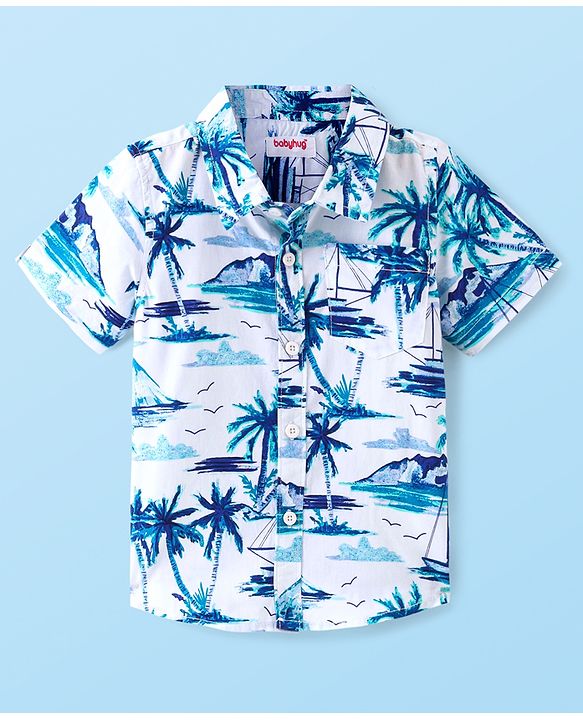 Babyhug 100% Cotton Knit Half Sleeves Shirt With Tropical Print - White & Blue