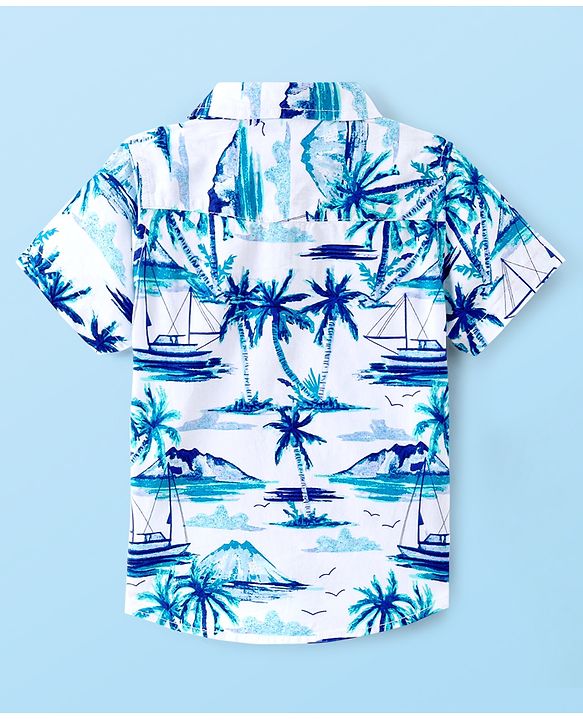 Babyhug 100% Cotton Knit Half Sleeves Shirt With Tropical Print - White & Blue