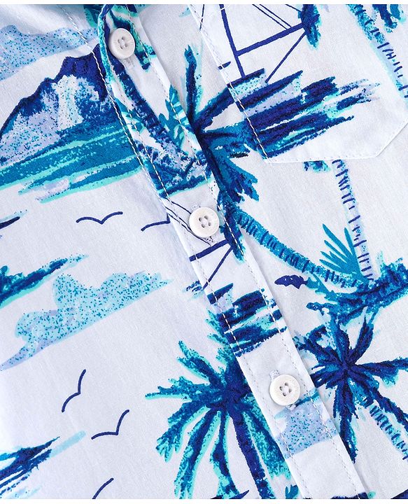 Babyhug 100% Cotton Knit Half Sleeves Shirt With Tropical Print - White & Blue