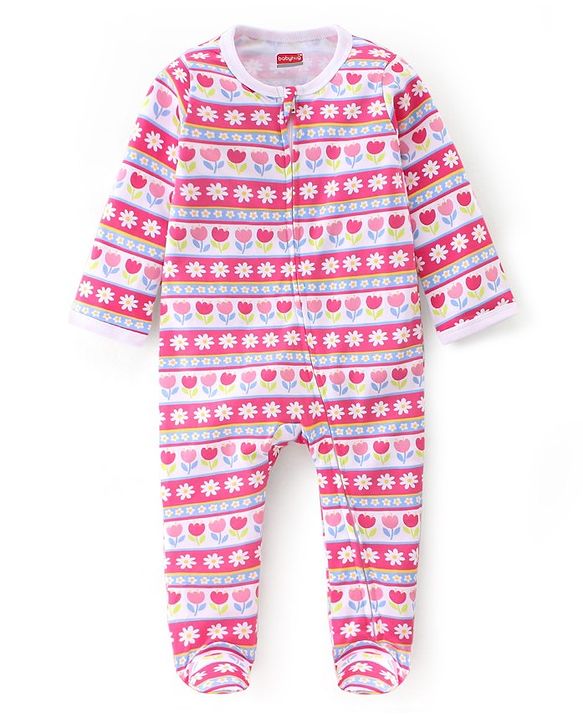 Babyhug Cotton Interlock Knit Full Sleeves Sleepsuit Floral Print - Pink