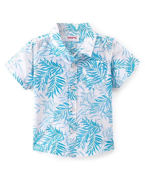 Babyhug 100% Cotton Knit Half Sleeves Tropical Print Printed Shirt - White & Blue