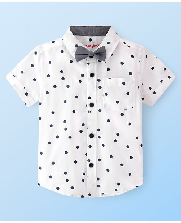 Babyhug Cotton Woven Half Sleeves Regular Collar Shirt with Bow Polka Dot Print - White