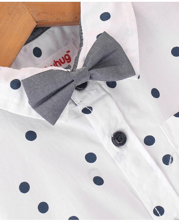 Babyhug Cotton Woven Half Sleeves Regular Collar Shirt with Bow Polka Dot Print - White