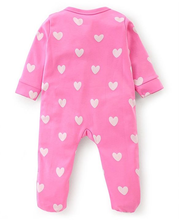 Babyhug Cotton Knit Full Sleeves Footed Sleep Suit Heart Print & Bunny Embroidery - Pink