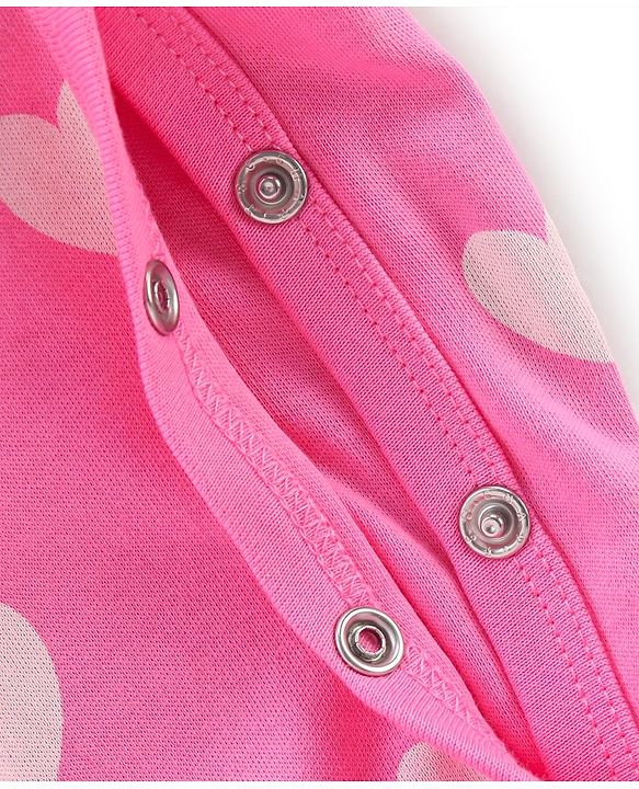 Babyhug Cotton Knit Full Sleeves Footed Sleep Suit Heart Print & Bunny Embroidery - Pink