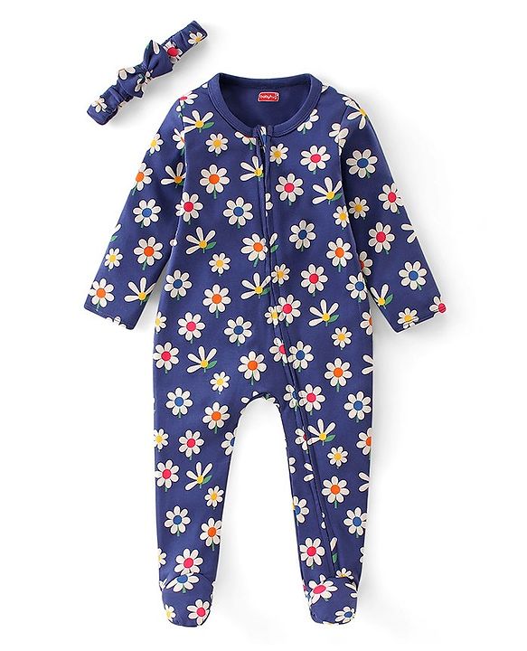 Babyhug Interlock Cotton Knit Full Sleeves Footed Sleepsuit with Headband & Floral Print - Navy Blue