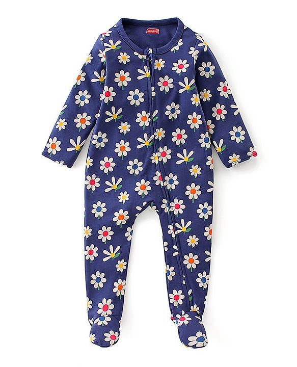 Babyhug Interlock Cotton Knit Full Sleeves Footed Sleepsuit with Headband & Floral Print - Navy Blue
