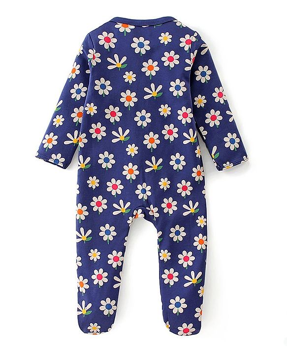 Babyhug Interlock Cotton Knit Full Sleeves Footed Sleepsuit with Headband & Floral Print - Navy Blue