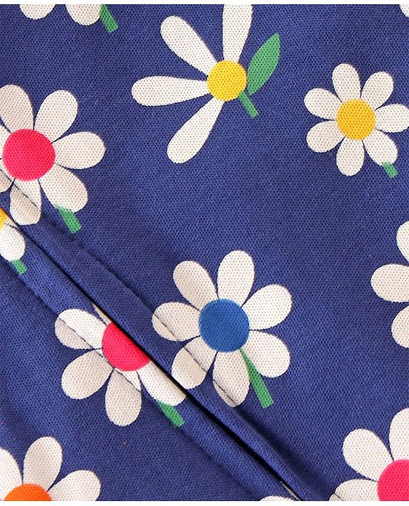 Babyhug Interlock Cotton Knit Full Sleeves Footed Sleepsuit with Headband & Floral Print - Navy Blue