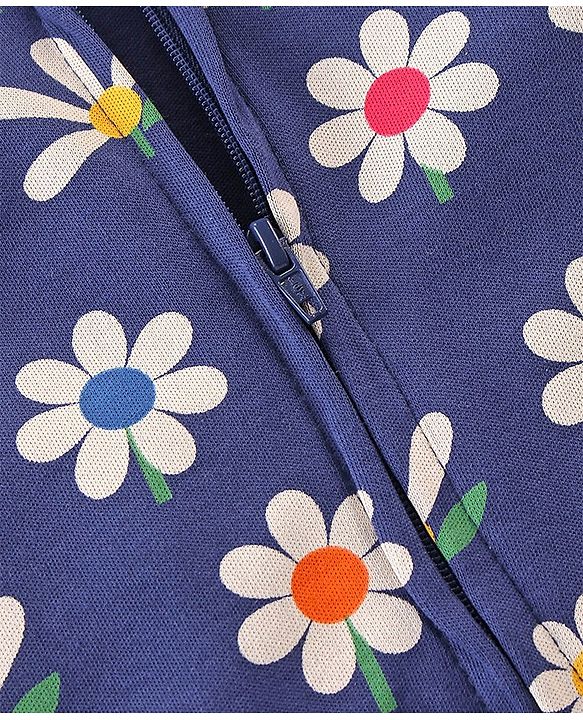 Babyhug Interlock Cotton Knit Full Sleeves Footed Sleepsuit with Headband & Floral Print - Navy Blue