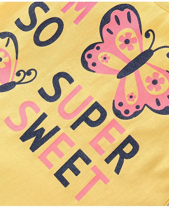 Babyhug Cotton Knit Half Sleeves Top With Butterfly Glitter Graphics - Yellow