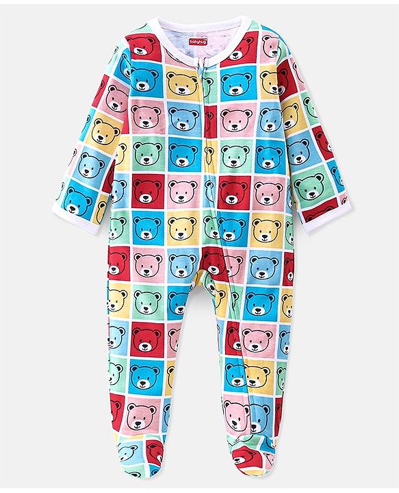 Babyhug Cotton Knit Full Sleeves Footed Sleep Suit With Teddy Print - Pink Red & Blue