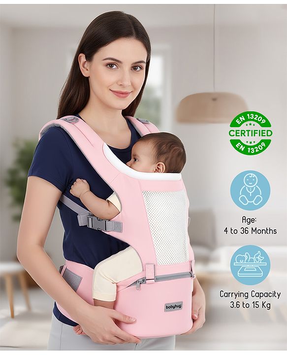 Babyhug Adore 5-in-1 Hip Seat Baby Carrier: Ergonomic, Breathable fabric, Padded straps, Foldable headrest, Secure waist belt, 5 carry positions, and storage pockets for babies up to 15 kg-Green