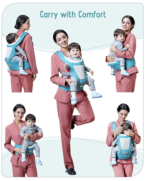 Babyhug Adore 5-in-1 Hip Seat Baby Carrier: Ergonomic, Breathable fabric, Padded straps, Foldable headrest, Secure waist belt, 5 carry positions, and storage pockets for babies up to 15 kg-Green