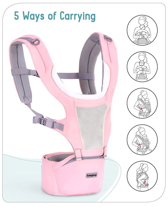 Babyhug Adore 5-in-1 Hip Seat Baby Carrier: Ergonomic, Breathable fabric, Padded straps, Foldable headrest, Secure waist belt, 5 carry positions, and storage pockets for babies up to 15 kg-Green