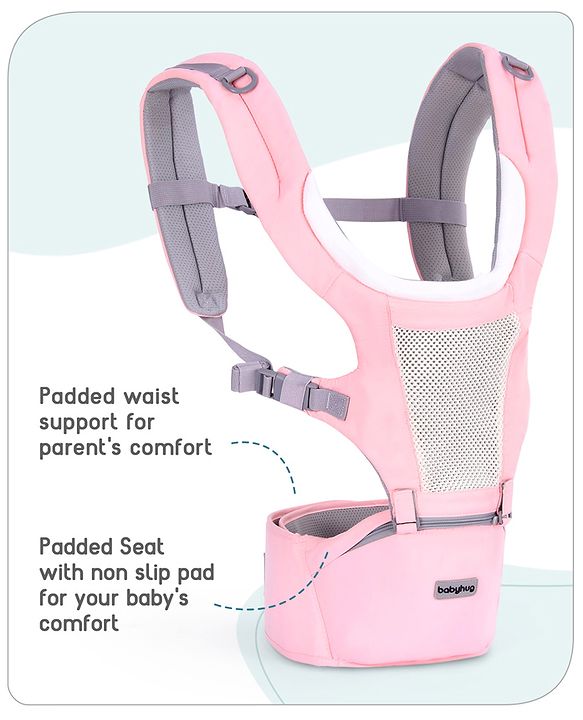 Babyhug Adore 5-in-1 Hip Seat Baby Carrier: Ergonomic, Breathable fabric, Padded straps, Foldable headrest, Secure waist belt, 5 carry positions, and storage pockets for babies up to 15 kg-Green