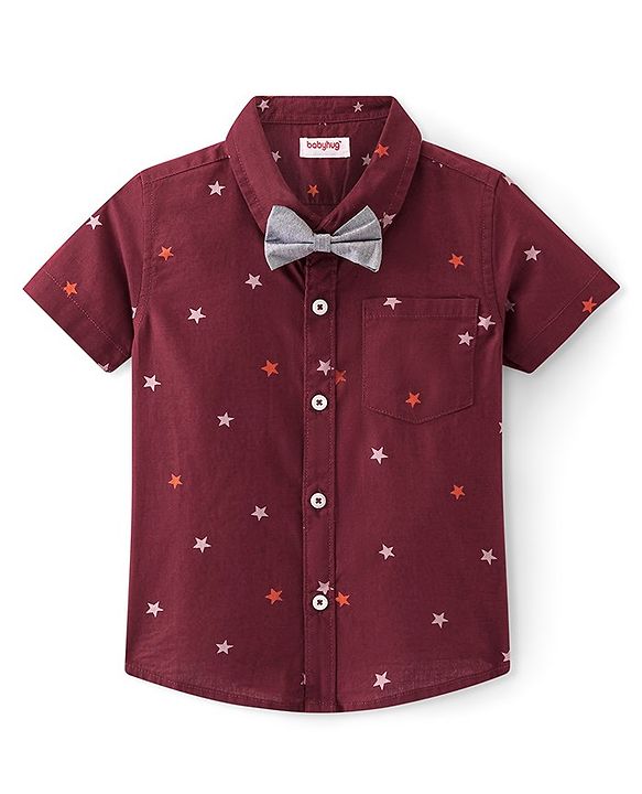 Babyhug Cotton Woven Half Sleeves Regular Collar Shirt with Bow Star Print - Wine Maroon