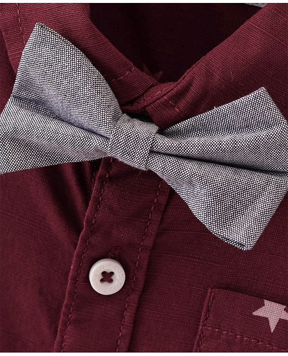 Babyhug Cotton Woven Half Sleeves Regular Collar Shirt with Bow Star Print - Wine Maroon
