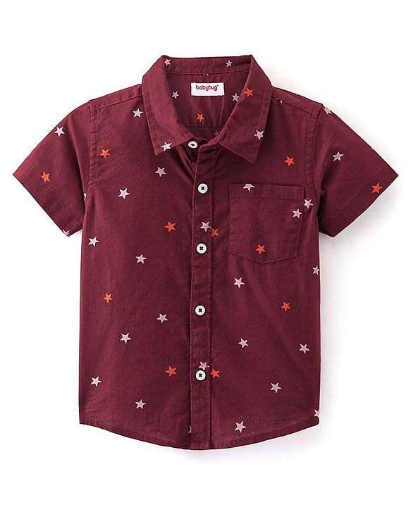 Babyhug Cotton Woven Half Sleeves Regular Collar Shirt with Bow Star Print - Wine Maroon